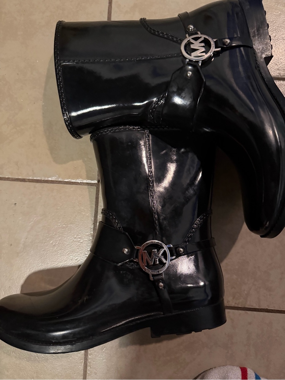 Michael Kors Black Patent Mid-Calf Heeled Rain Boots with MK Charm